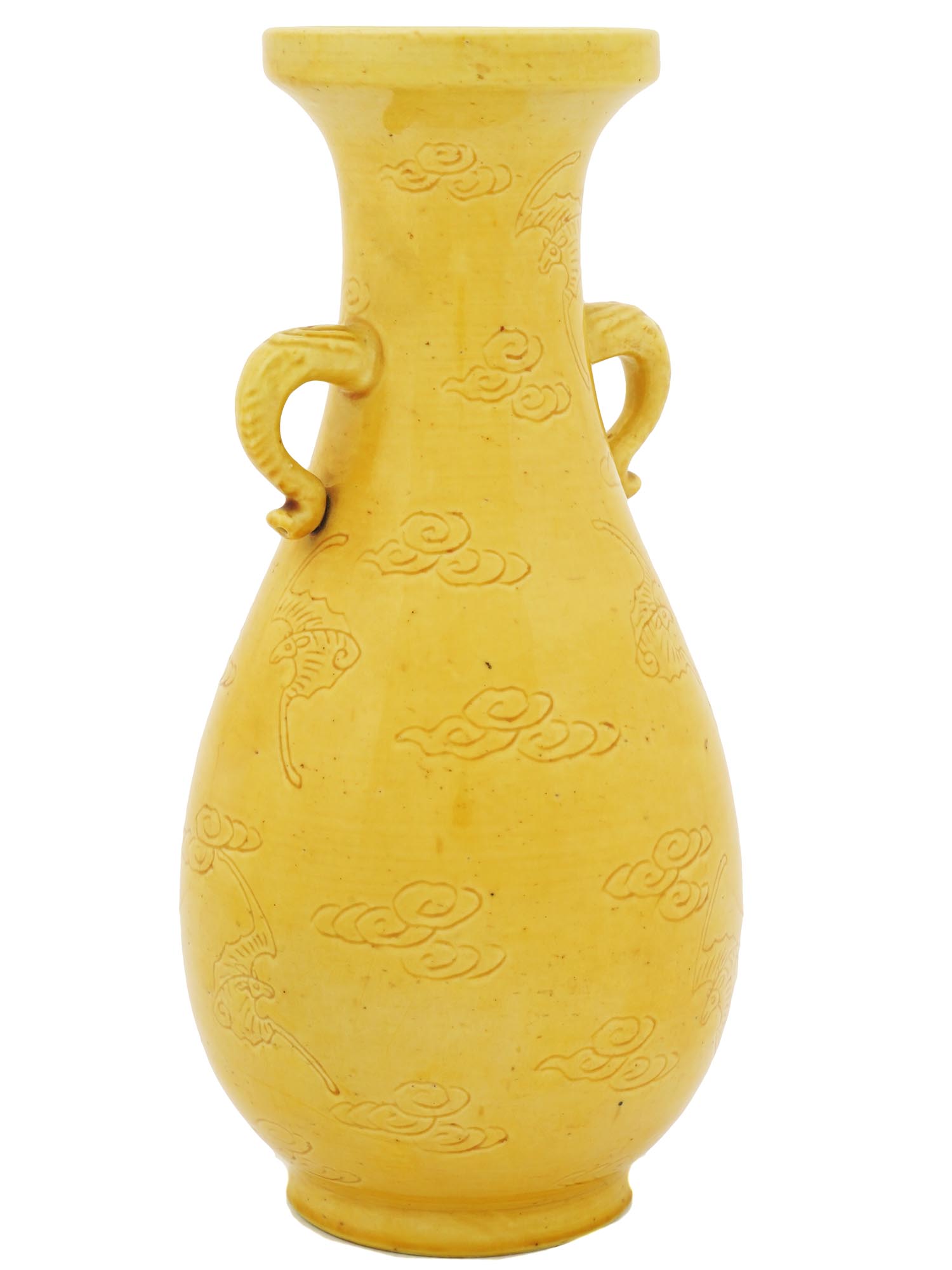 YELLOW CHINESE CERAMIC VASE WITH INCISED DESIGN PIC-0